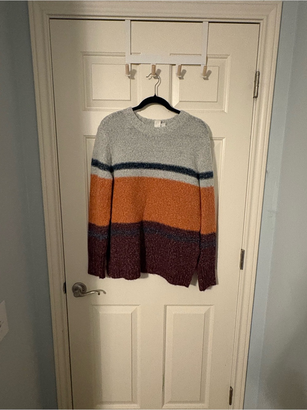 Roxy Cozy Striped Crewneck Sweater in Light Gray, Orange & Burgundy